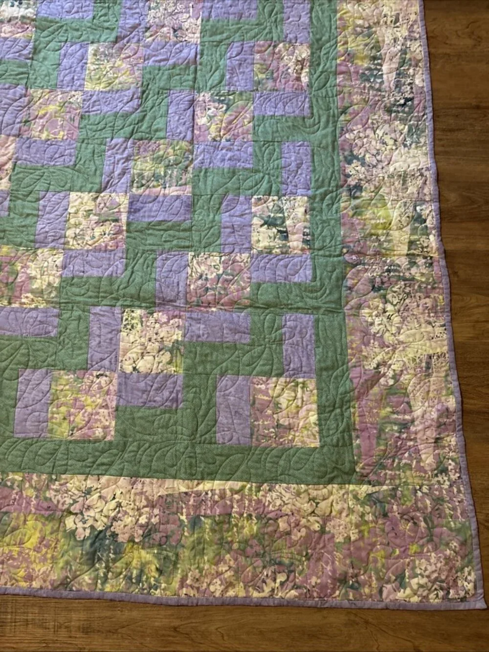 Homemade Modern King Quilt Green & Purple Size 100 X 92 Nine Patch